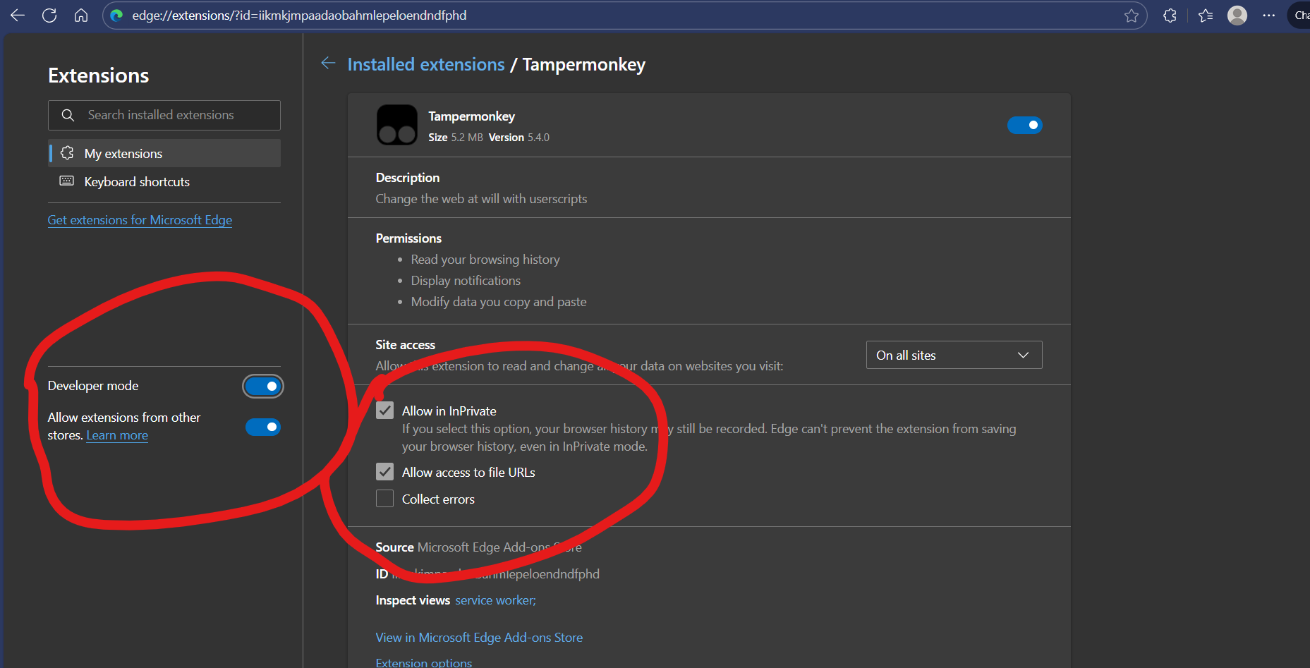 Edge settings for Tampermonkey